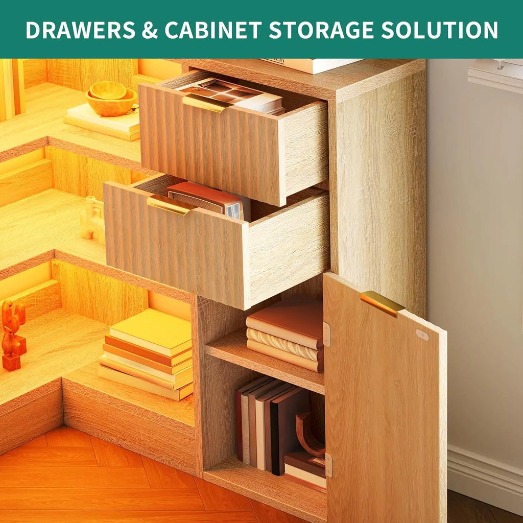 Farmhouse Style 6-Tier Corner Bookshelf with Storage Drawers and Cabinets, L-Shaped LED Lighted Bookcase