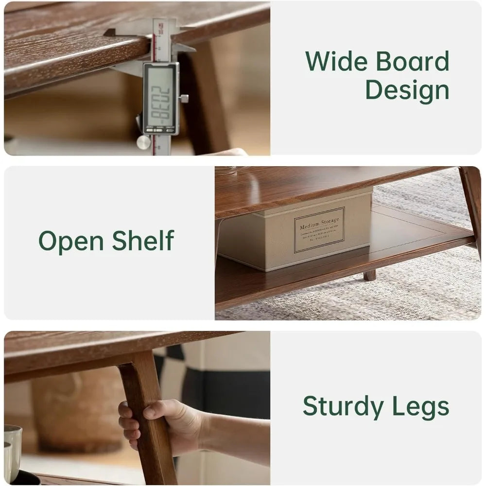 100% Solid Oak Wood Coffee Table for Living Room, 2-Tier Small Table with Storage Shelf, Mid Century Modern Coffee Tables (Walnut)