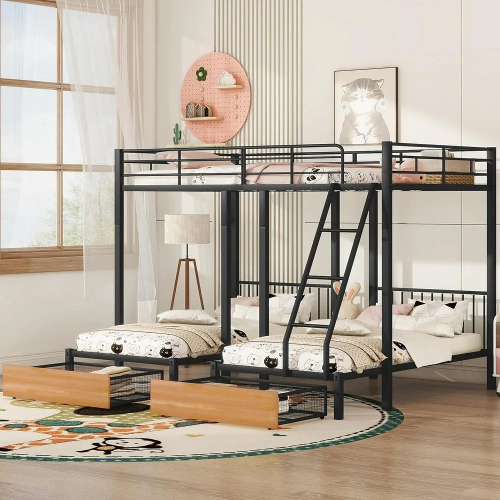 Sturdy Metal Triple Deck Bunk Bed, Full-Size Top with Twin Beds Below, Storage Drawers Included, 3-Bed Configuration/Convertible