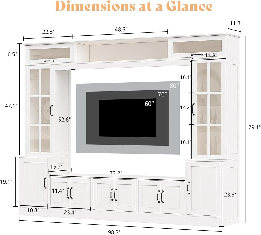 98" W Wall Unit TV Stand with Storage for TVs up to 80",Modern TV Console with LED Lights, Entertainment Center with Bookshelves