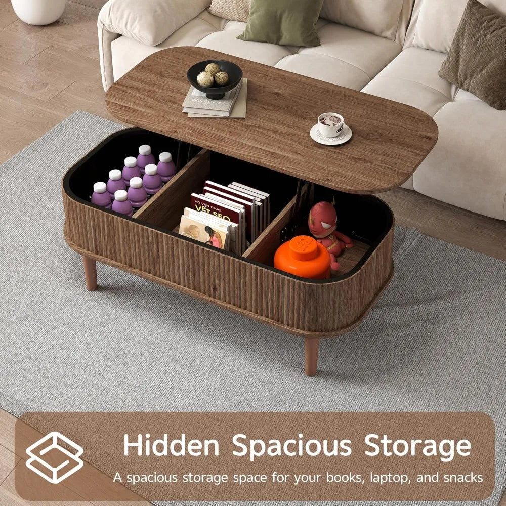Coffee Table, Fluted Lift Top Coffee Tables for Living Room, Center Tables with Hidden Compartment, Modern Oval