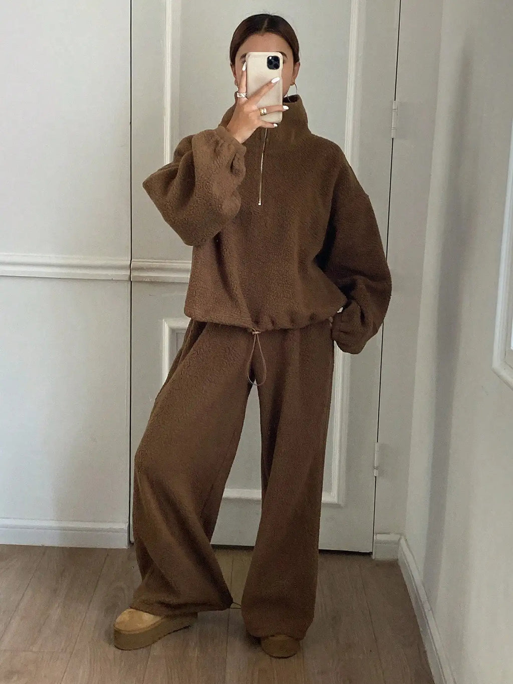 Women's Cozy Fleece Lounge Set with Half Zip Top & Wide Leg Pants, Fall/ Winter Thermal Tracksuit