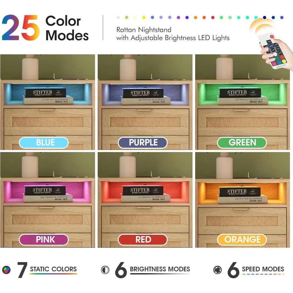 Rattan Nightstands/ Set of 2 with Charging Station and LED Lights, End Tables with 2 Drawers and Wood Legs