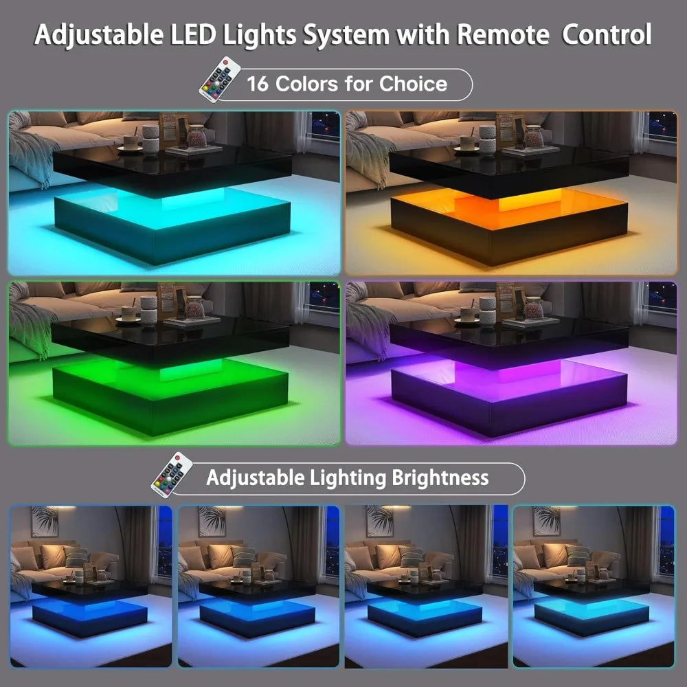 LED Coffee Table for Living Room with Storage - High Glossy Modern White Center Table with 2 Drawers, Square Wooden Middle Table