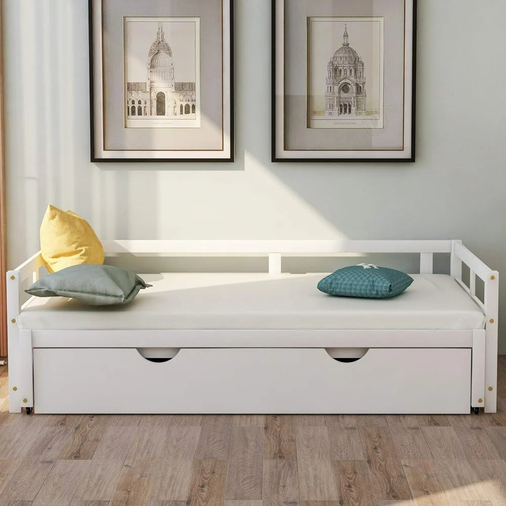 Expandable Daybed with Trundle Drawer, Twin to King Size Conversion, Solid Pine Wood Bed with Slats