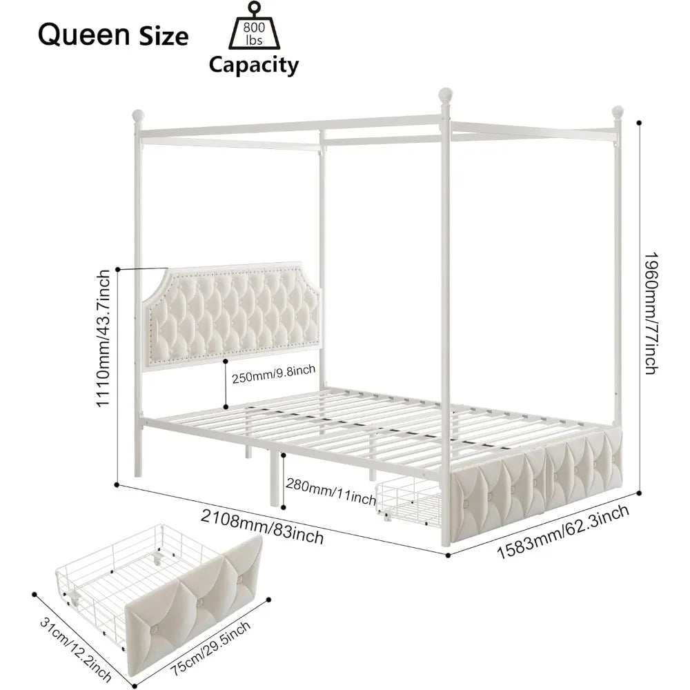 Queen Size Button Tufted Canopy Bed Frame with Storage Drawers and Metal Platform Base