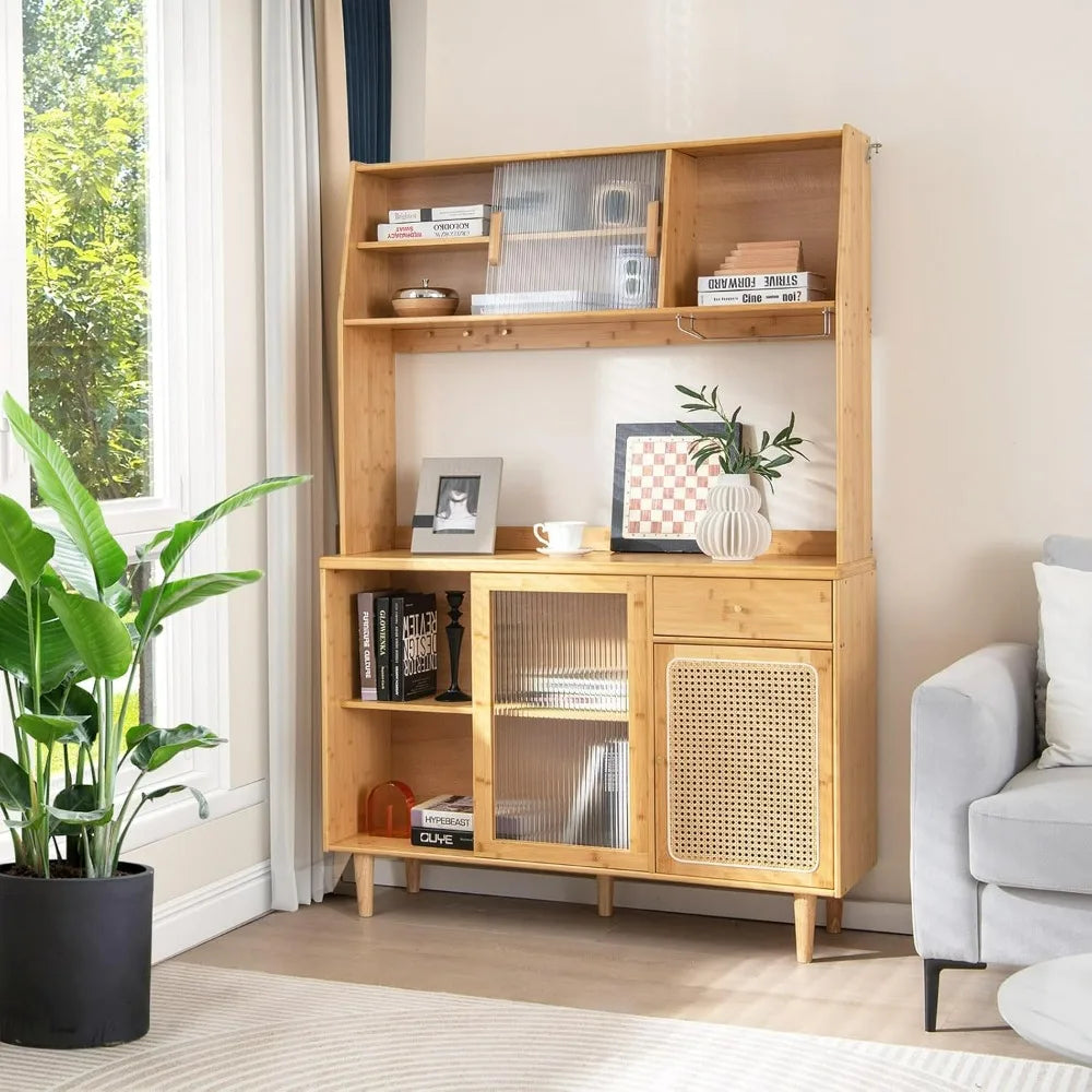 69-inch Bamboo Pantry Cabinet with Storage, Drawers, Microwave Stand, and Glass Holder - Freestanding Buffet Style