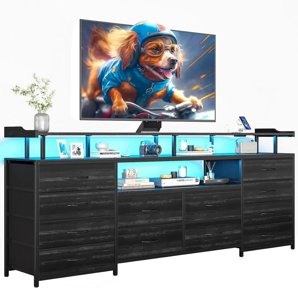 Entertainment Center with LED Lights & Power Outlets, 12 Drawers/ TV Stand Dresser for 65/70" TV, 63" Large LED TV Stand