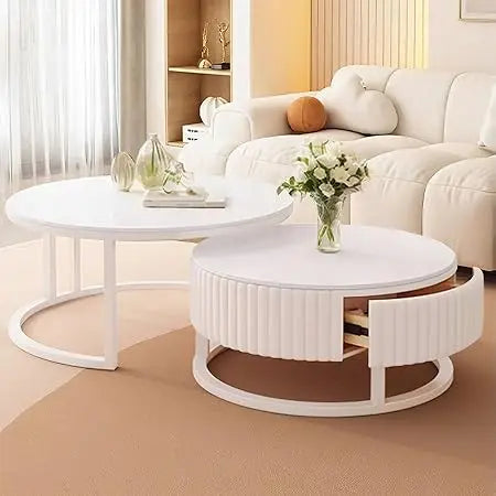 Round Marble Coffee Table with Storage Round Nesting Coffee Table Set of 2 Modern White Coffee Tables for Living Room Coffee Table