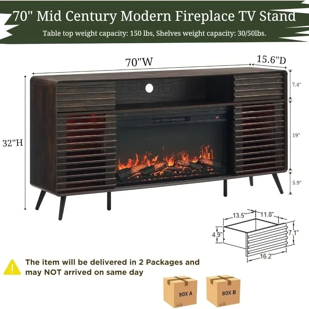 Fireplace TV Stand for 80" TV, Mid Century Modern Entertainment Center with 36" Electric Fireplace & Led Lights, Wood Media