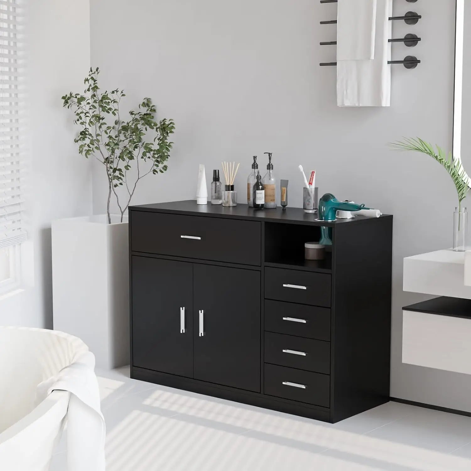 Professional Salon Station with 5 Drawers, Storage Cabinet & Hair Dryer Holders - Heat Resistant, Waterproof for Home & Spa Use