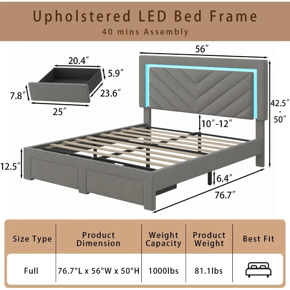 Upholstered Full Bed Frame with LED Headboard and Storage Drawer, with Charging Station,