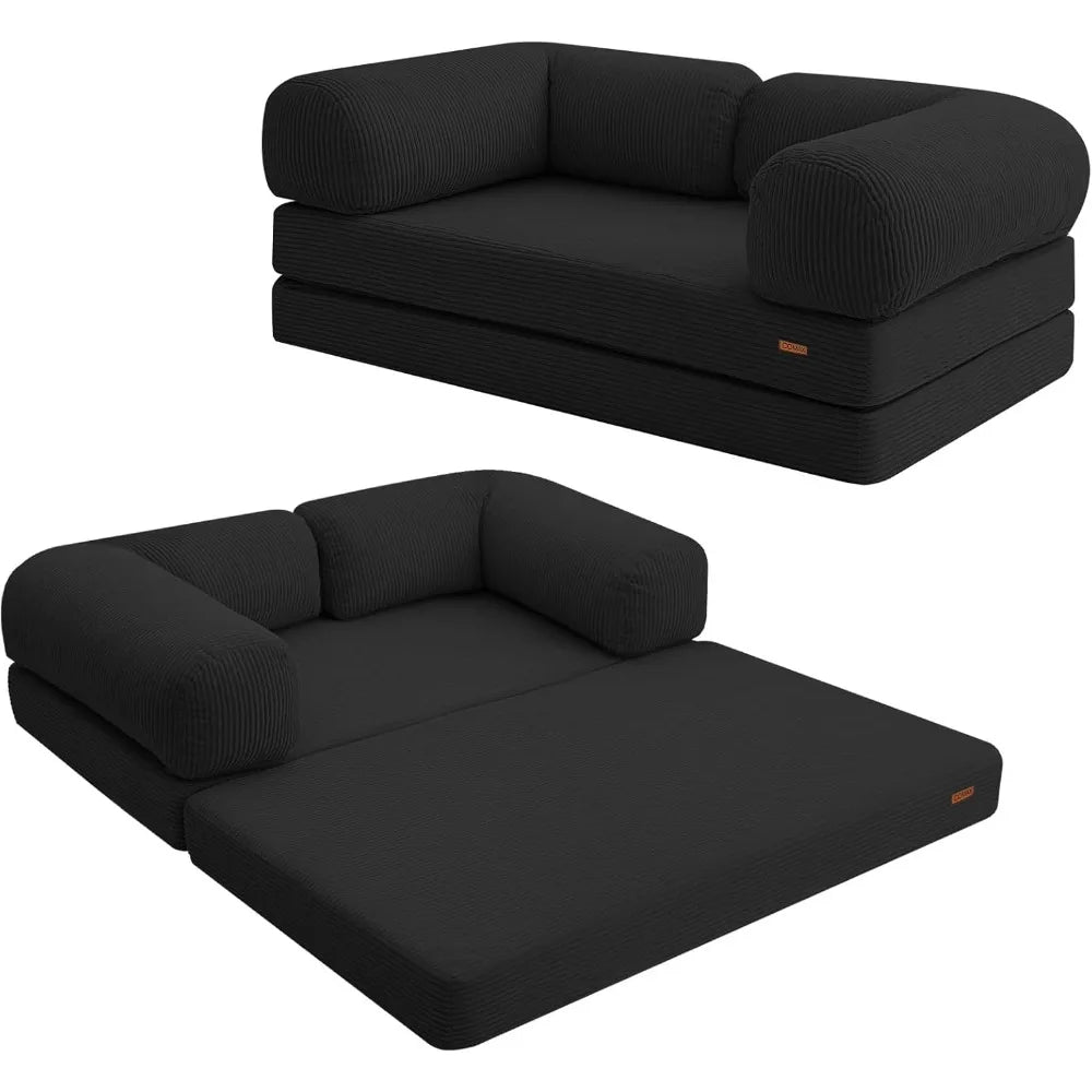 Folding Sofa Bed Queen, 4-in-1 Foldable Floor Couch Convertible Futon Sofa with Armrests Sleeper Mattress Chair/ Bed