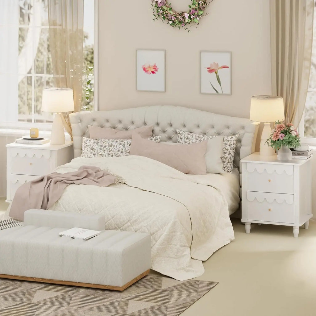 Nightstand Side End Table with 2 Drawers, Modern Wood with Petal Pattern for Bedroom