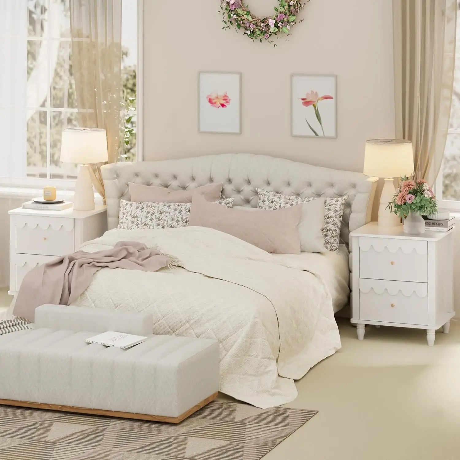 Nightstand Side End Table with 2 Drawers, Modern Wood with Petal Pattern for Bedroom