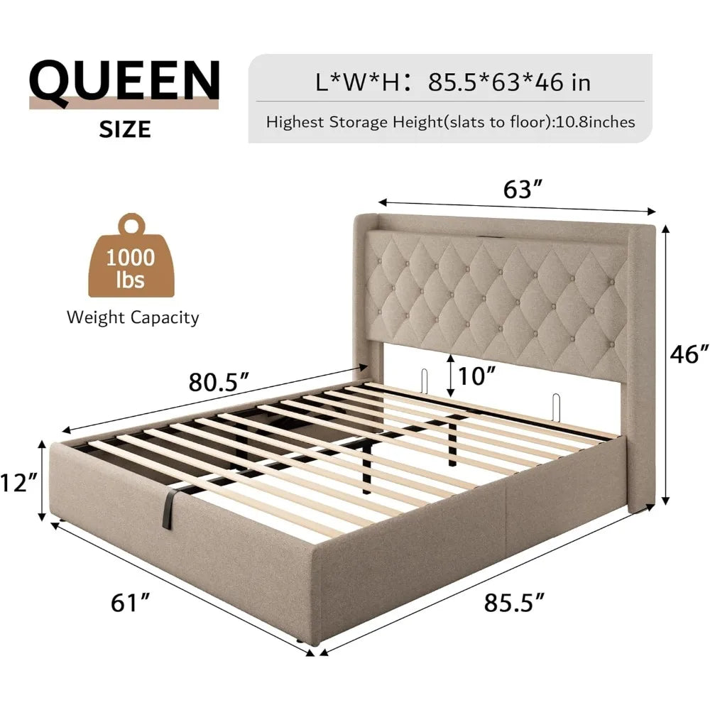Queen Size Lift Up Storage Bed Frame with Charging Station, Upholstered Platform Bed Frame with Tufted Headboard, Hydraulic