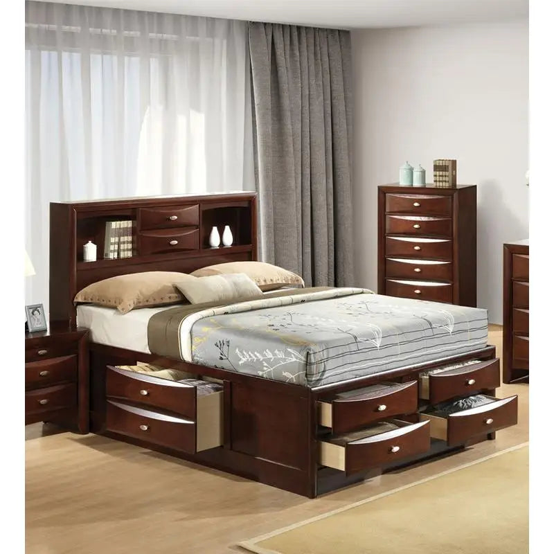 Contemporary King Size Bed with Footboard Drawers & Headboard Bookcase in Cherry Finish