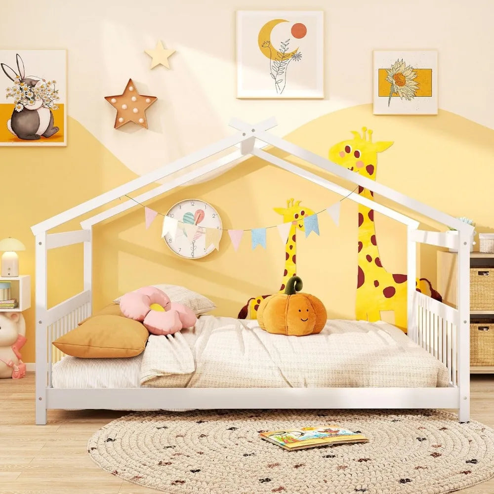 Full Size Floor Bed, with Roof, Headboard and Footboard, Low Full Bed Frame for Kids Teens Girl