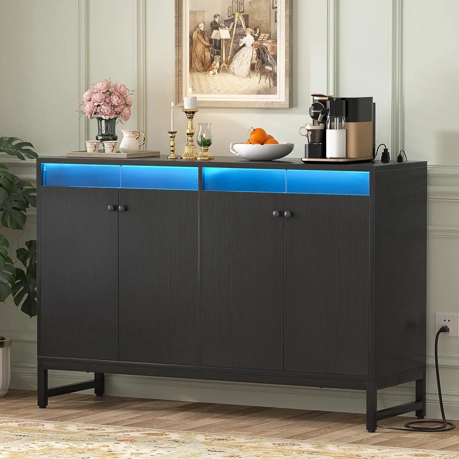 Sideboard Buffet Cabinet with Power Outlet, Kitchen Storage Cabinet with LED Light & Doors