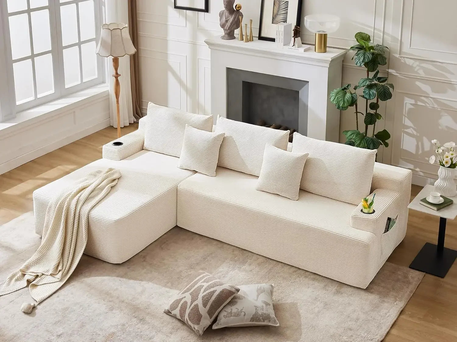 Cloud Sectional Couch Corduroy L-Shape Chaise Modular Sofa Deep Seat Boneless Couch Upholstered Living Room Furniture