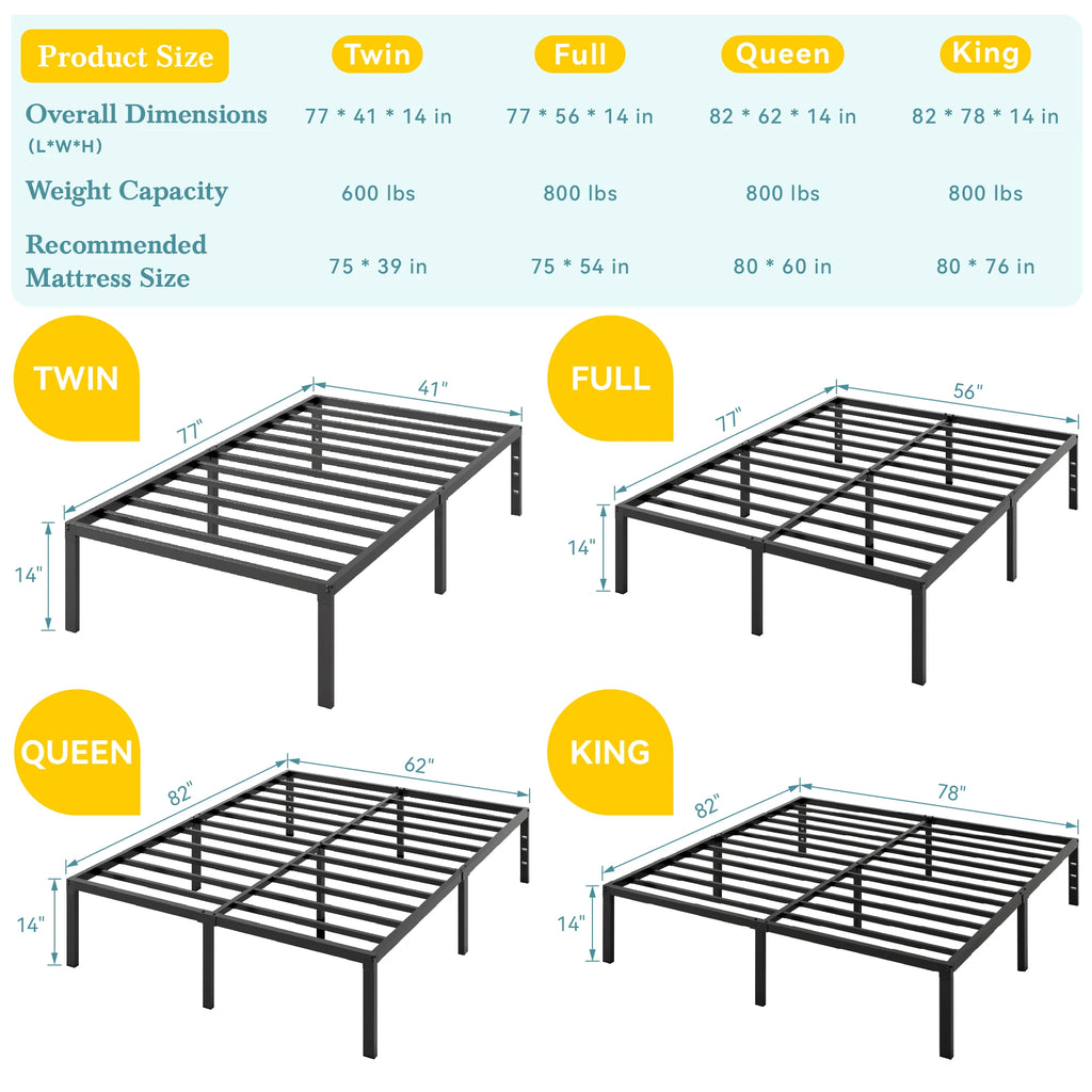 HOOMIC Twin/Full/Queen/King Heavy-Duty Metal Bed Frame with 14 Inch Under-Bed Storage — No Box Spring Needed, Easy Assembly