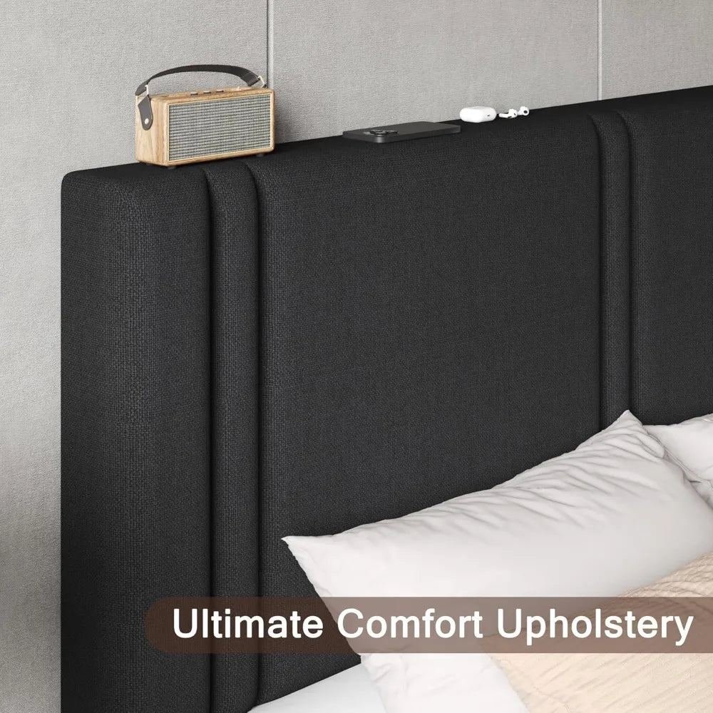 Upholstered Queen Size Bed Frame with Linen Fabric Headboard, Strong Wooden Slats Support, No Box Spring Needed