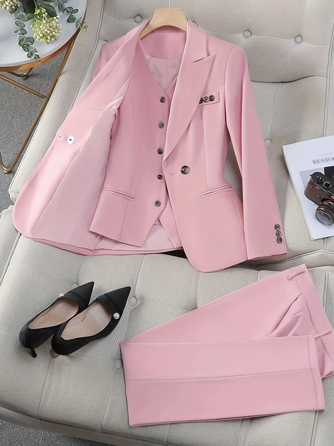 Urban Elegant Commuter Business Women's Vest, Suit Jacket and Trousers Set/ Solid Color Office, Women's Business Work/ Professional