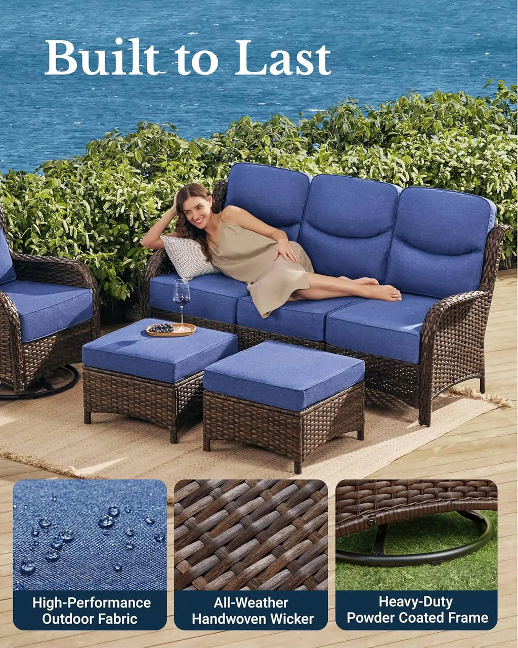 Luxury Patio Furniture Set with 6-inch Thick Cushion, Outdoor Couch and High Back Swivel Rocker Patio Chairs, 7PCS Wicker Set