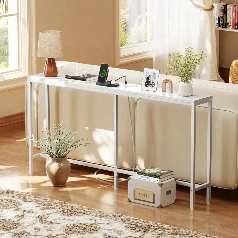 Console Table with Outlet, 63" Sofa Table with Charging Station, Narrow Entryway Table, Skinny Hallway Table, Behind Couch