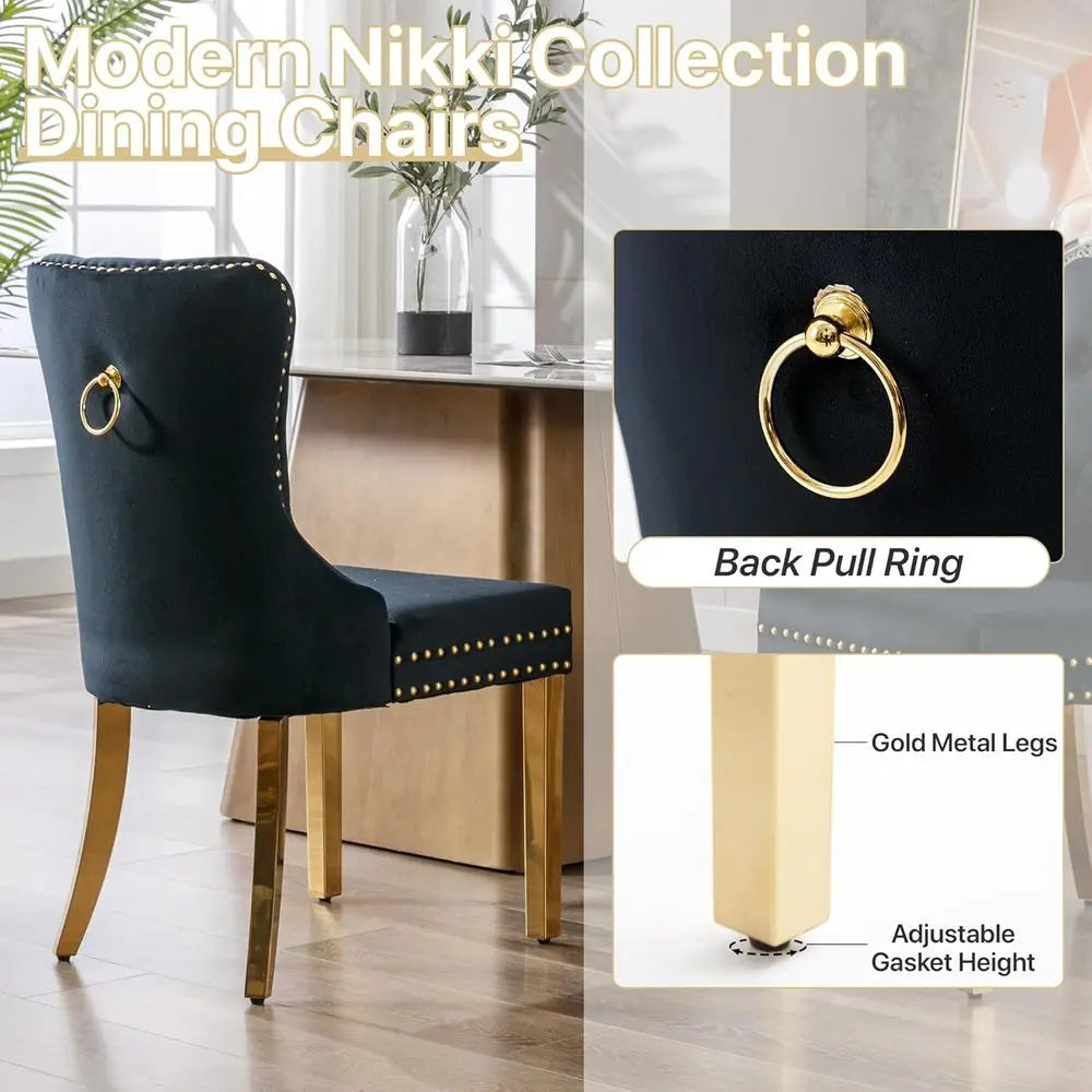 Velvet Dining Chairs Set of 6, Nikki Collection Dining Room Chairs with Golden Stainless Steel Legs and Pull Ring, Customized