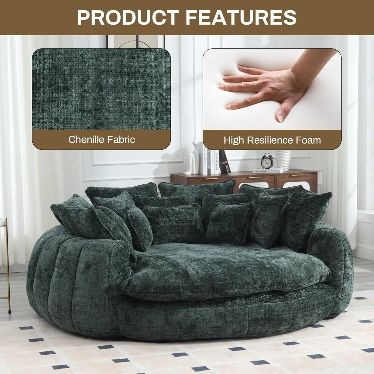 81" Round Bean Bag Chaise Lounge, Plush Sofa Includes 14 Pillows, Emerald