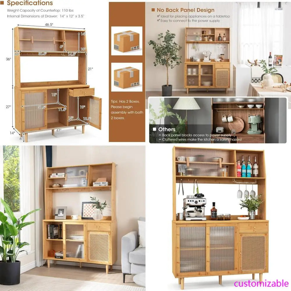 69-inch Bamboo Pantry Cabinet with Storage, Drawers, Microwave Stand, and Glass Holder - Freestanding Buffet Style