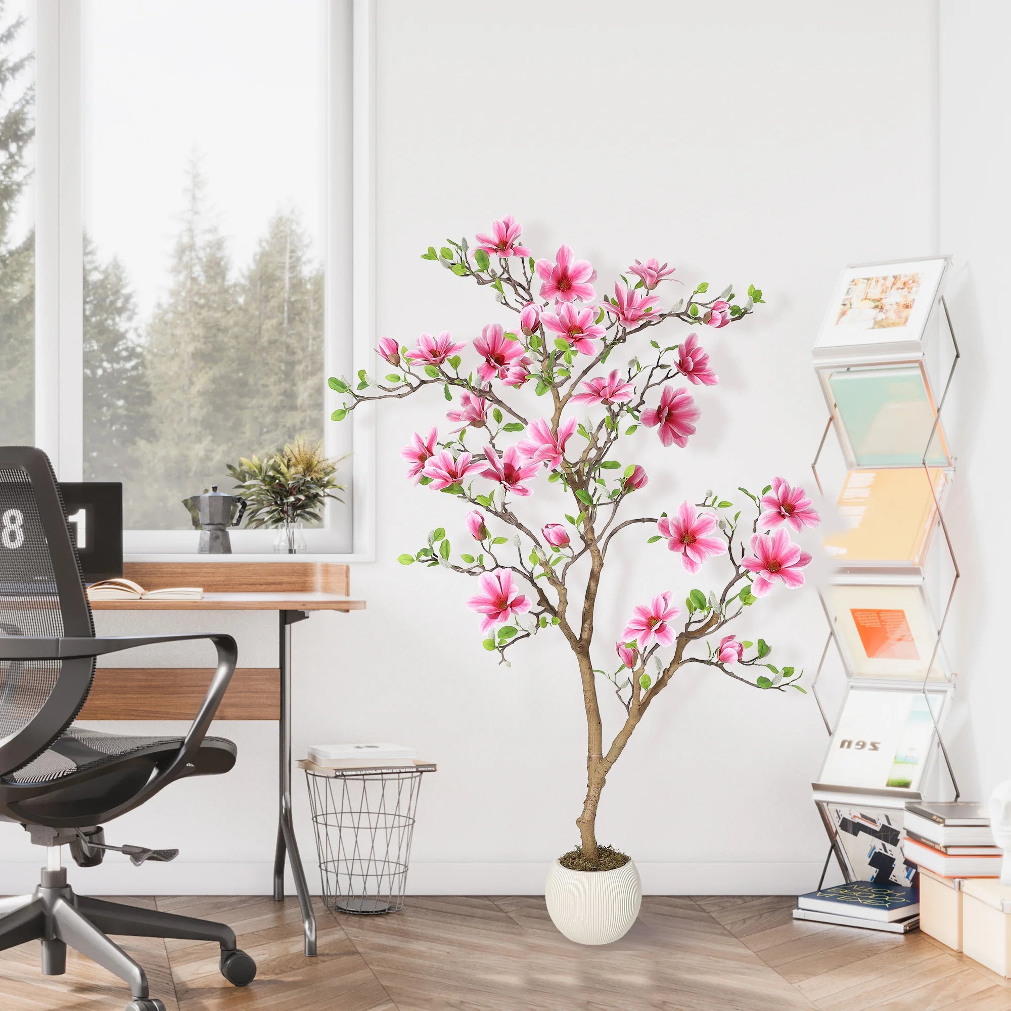 Lifelike Pink Magnolia Artificial Tree for Home Decor – Realistic Tall Silk Faux Plant Flower in Pot for Living Room/ Entryway