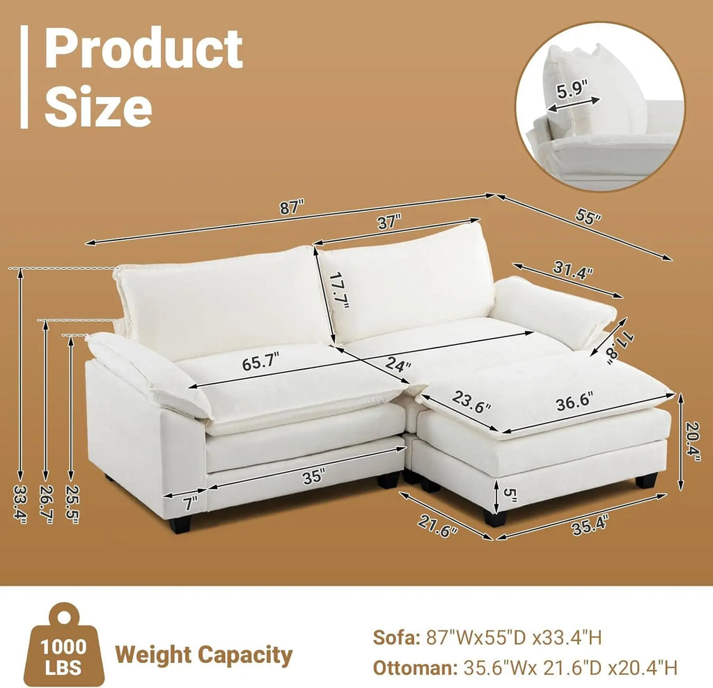 87" Convertible Sectional Sofa, L-Shaped Deep Seat Sofa Couch for Living Room, for Small Space (Creamy White)