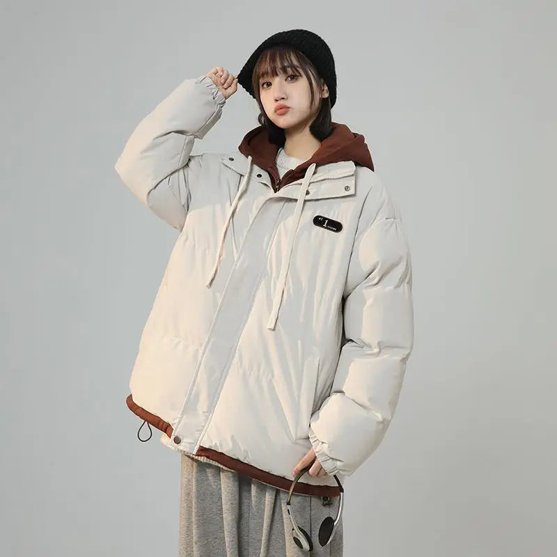 Korean Version Fashion Letter Patch Two Piece Cotton-Padded Jacket , Vintage, Thick Loose Student Coats