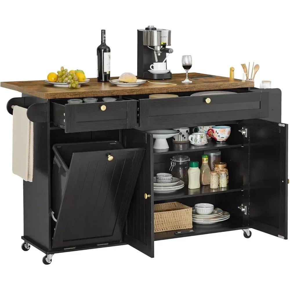 60" Kitchen Island with Power Outlet & Drop Leaf, Kitchen Rolling Island with Spice Rack & Towel Rack, Knife Holder