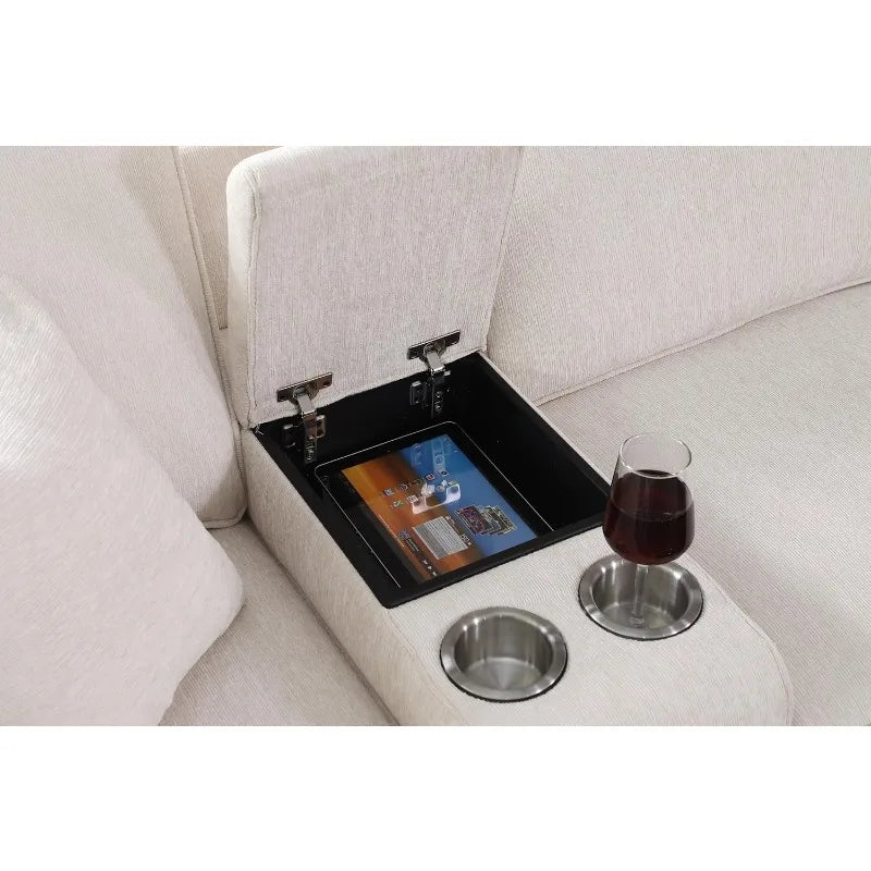 127" L-Shaped Sectional Couch with Movable Ottoman & 6 Throw Pillows ,W/2 Cup Holders ,Beige