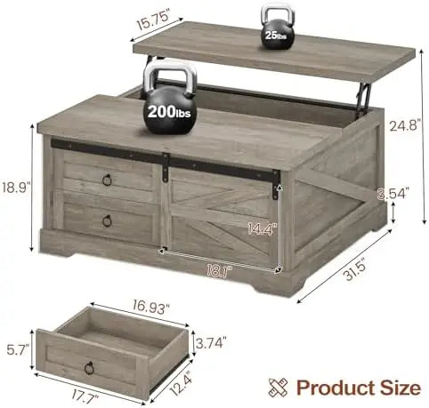 Lift Top Coffee Table with Storage, Farmhouse Style, Gray