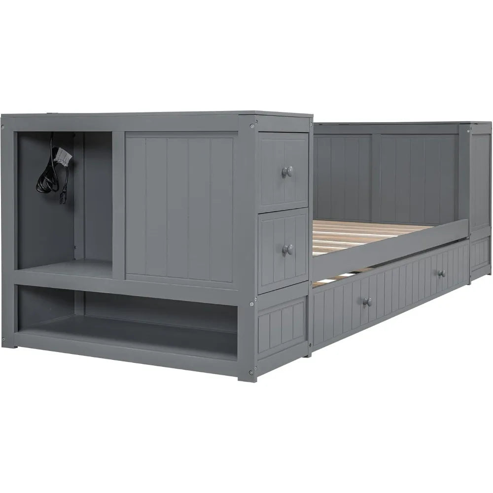Gray Wood Twin Daybed with Trundle, Storage Arms, and Charging Station for Bedroom