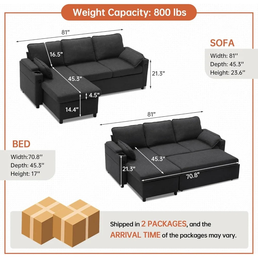 Dark Gray L-Shaped Sofa/ Bed with Storage Chaise, USB ports, and Cup Holders