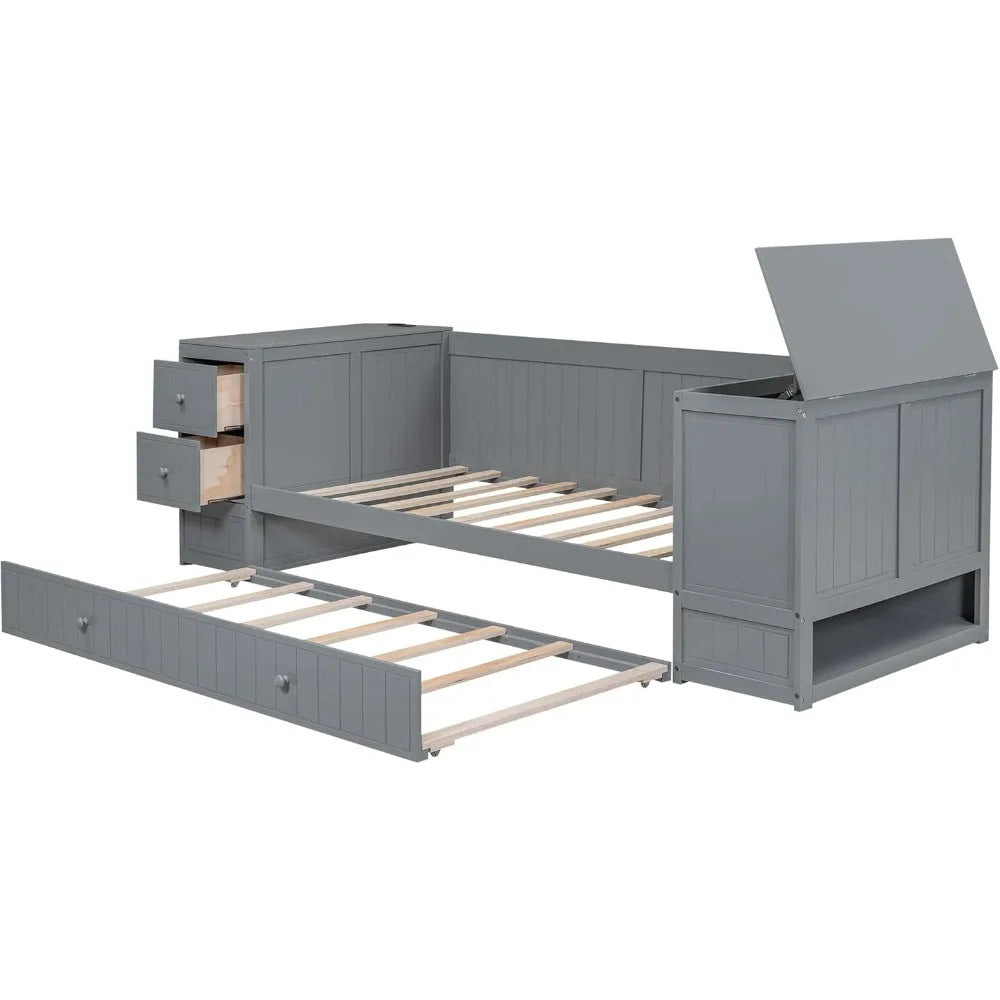 Gray Wood Twin Daybed with Trundle, Storage Arms, and Charging Station for Bedroom