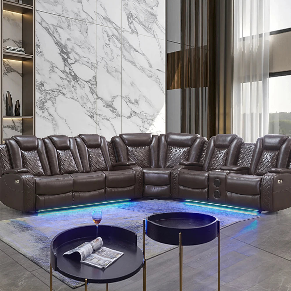 Power Reclining Sofa Couch with Wireless Charger/ 3 Seater Recliner/Reading Light Leather/ Bluetooth Speaker/ Theater Seating LED