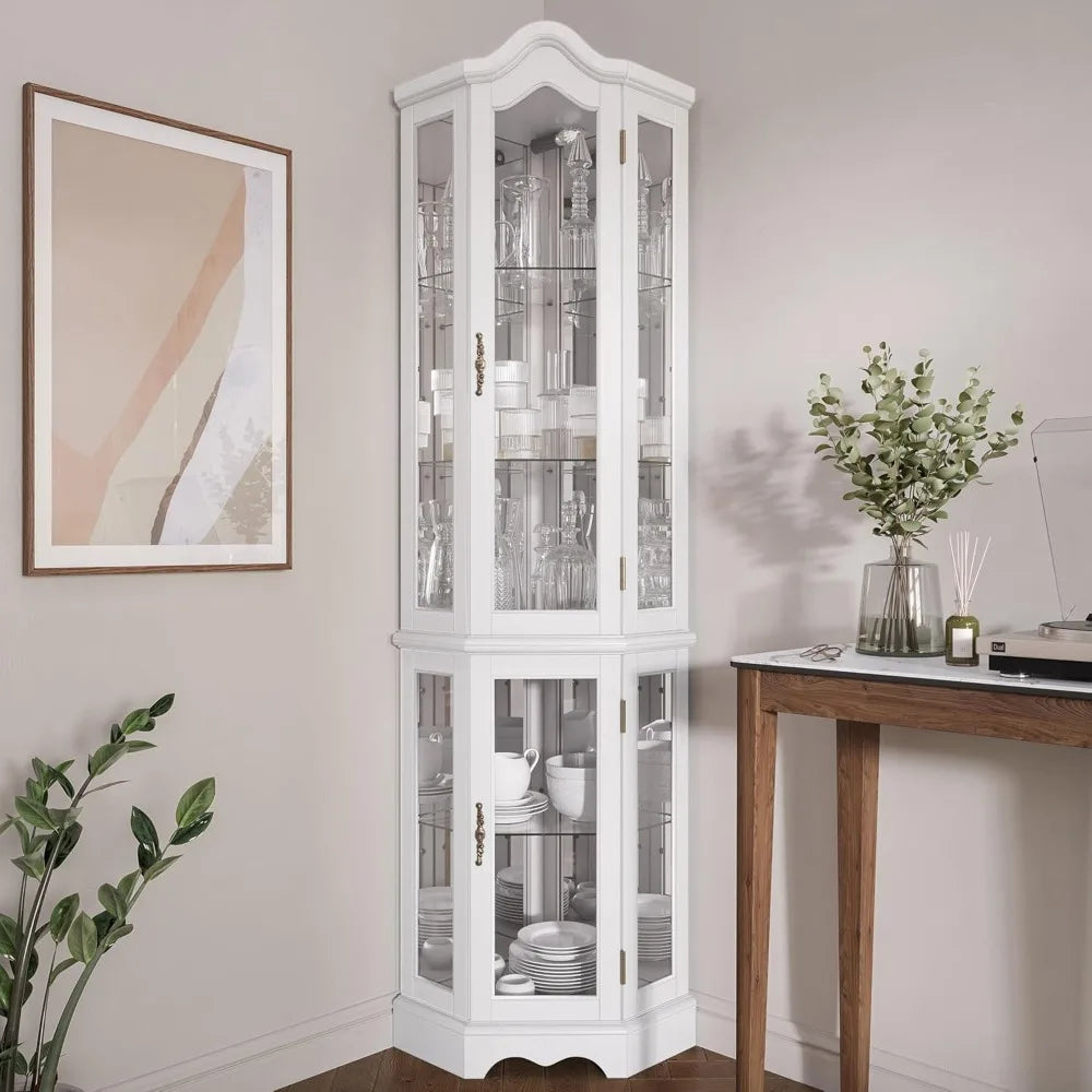 Lighted 3-Side Glass Display Curio Cabinet w/ Tempered Glass Doors and Shelves, Curved Wood Corner Cabinet
