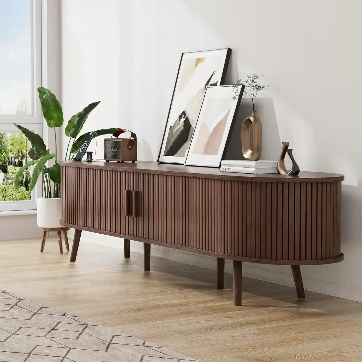 XMSJ. Fluted Entertainment Center Living Room,69" Mid Century Modern TV Stand with Charging Station ,Drawer and Shelf, Bedroom