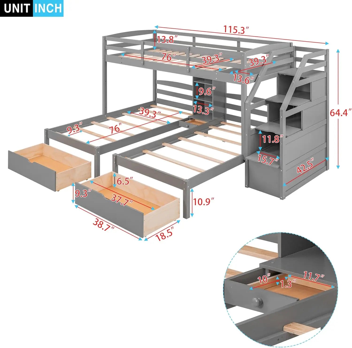 Harper & Bright Designs Woodentriple Bunk Beds With Stairs & Storage Drawers,Twin Over Twin Bunk Bed For 3 Kids, 3 Bunk Beds