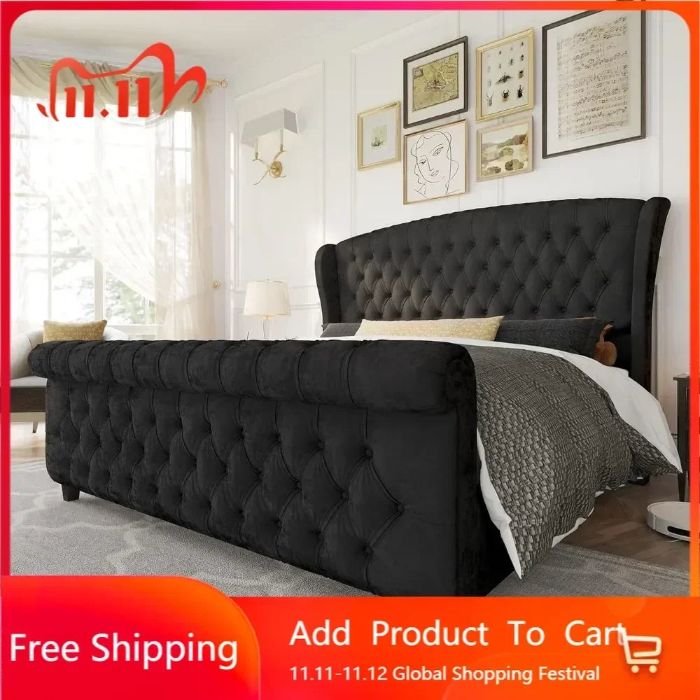 King Size Platform Bed Frame, Velvet Tufted Upholstered Sleigh Bed with Scroll Wingback Headboard & Footboard