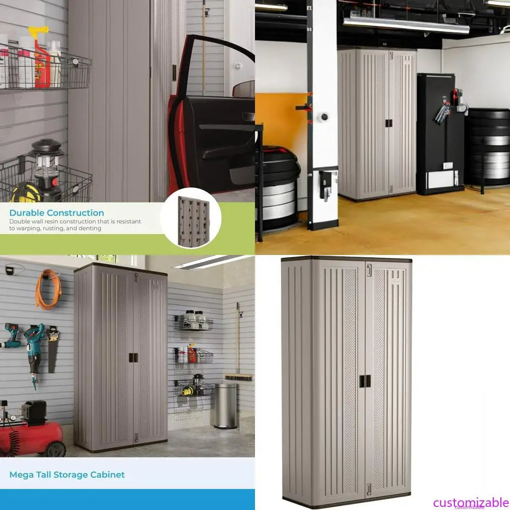 Mega Tall Storage Cabinet, 31 Cubic Feet, 3 Adjustable Shelves, Platinum and Slate Finish - Ideal for Garage or Basement