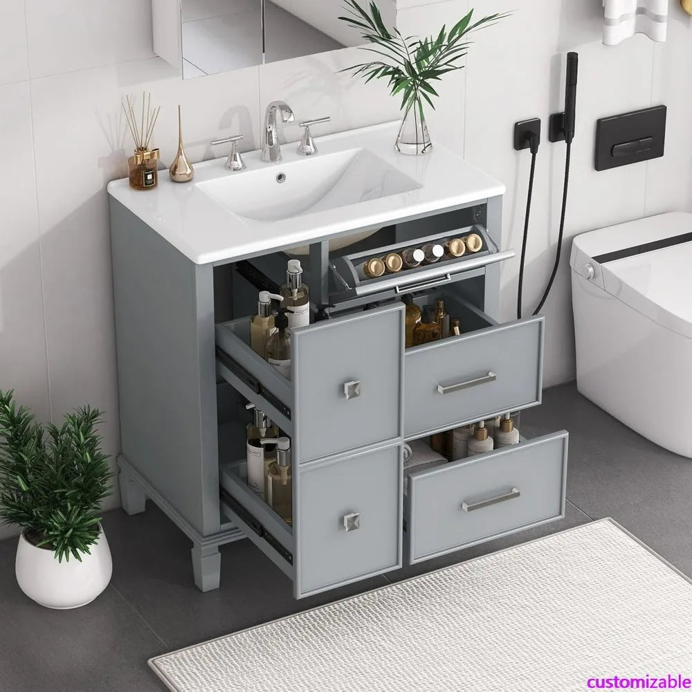 30" Solid Wood Bathroom Vanity with Ceramic Sink and Multi-Function Storage