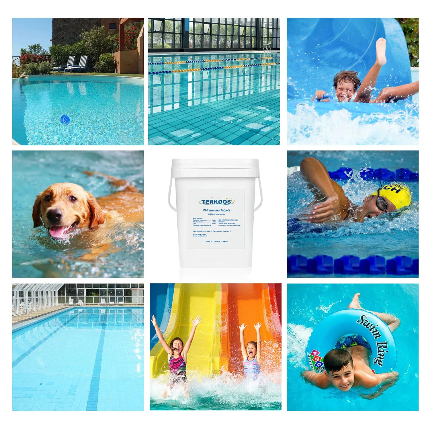 40LB Chlorine Tablets For Swimming Pools, Swimming Pool Water Purifier Dose Tablet Chlorine, Stabilized Chlorine Tablets