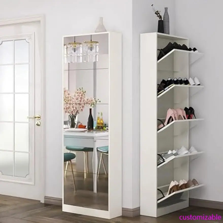 Shoe Cabinet with Mirror, Freestanding Shoe Rack Organizer with 5 Flip Drawers, Modern Full Length Mirror